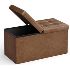 a brown leather storage box with its lid open and the seat up on it's side