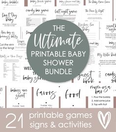 the ultimate printable baby shower game bundle is shown in two different font styles and colors