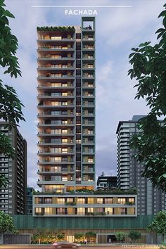 a tall building with lots of windows and balconies on the top floor is surrounded by trees