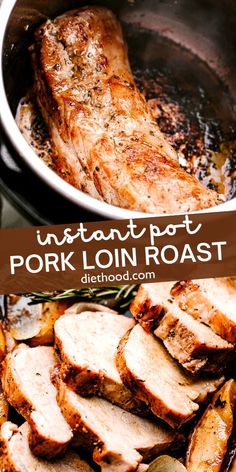 pork loin roast in a pan with potatoes on the side