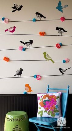 colorful birds are sitting on the wires in this room