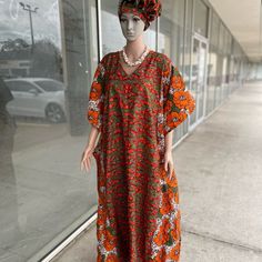 African Ankara Handmade Full Length Long Maxi Dress. Model Is Wearing Size 4 Made With Polycotton Fabrics The Head Wear Available For Additional Cost. Orange Tunic Maxi Dress For Spring, Spring Orange Tunic Maxi Dress, Orange Cotton Maxi Dress For Vacation, Traditional Orange Maxi Dress For Vacation, Casual Orange Maxi Length Kaftan, Orange Cotton Kaftan, Ankara Long Dress, Fall Color Dresses, Ankara Gown Styles