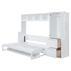 a white bed with drawers underneath it and a shelf above the bed that is open