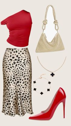 Kitty Heels Outfit, Red And Leopard Outfit, Red Heels Outfit Classy, Red Heels Outfit, Red Fashion Outfits, It Girl Outfit, Leopard Outfit, Leopard Outfits, Going Out Outfit