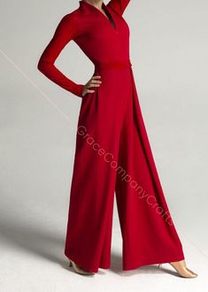 Red jumpsuit for ballroom dancing | Etsy Red Jumpsuits Outfit, Jumpsuit Outfit Wedding, Dance Jumpsuit, Ballroom Dress Inspiration, Knit Belt, Dance Pants, Ballroom Dancing, Ballroom Dance Dresses, Latin Dress