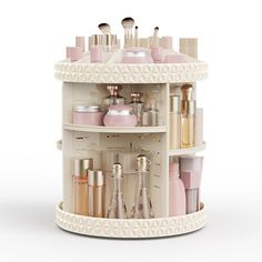 a round shelf filled with lots of different types of cosmetics and beauty products on top of each other