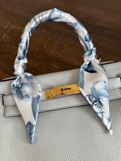 Chic Rectangular Silk Scarf For Gifts, Chic Rectangular Silk Scarf As A Gift, Elegant Bag With Ribbon For Gift, Elegant Rectangular Silk Scarf For Spring, Scarf On Handbag, Scarf On Bag, Blue And White Roses, Handbag Scarf, Bag Scarf