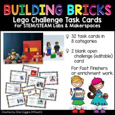 The Building Bricks Lego Challenge STEM / STEAM Task Cards pack is a set of activity cards for young learners and makers. While you might be able to use these cards with different construction tools and toys, these cards are specifically created to be used with building bricks like Lego.This Buildin... Steam Lego Activities, Stem Lego Challenges, Lego Stem Challenge Cards, Makerspace Challenges Elementary, Lego Stem Challenge, Stem Task Cards, Makerspace Projects, Steam Challenges, Lego Challenge