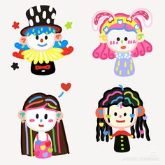 three cartoon characters with different hair styles and colors, one is wearing a clown's hat