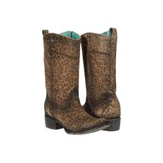 Style number: C3689. Cheetah print leather foot & upper. Round toe. Leather lining and insole. Synthetic outsole. Zipper closure. 1 1/2" heel height. Cheetah Print Ariat Boots, Round Toe Boots, Corral Boots, Rounded Toe Boots, Toe Boots, Printed Leather, Cheetah Print, Cowboy Boots, Leather Boots