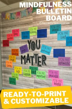 a bulletin board with sticky notes on it and the words mindfulness bulletin board