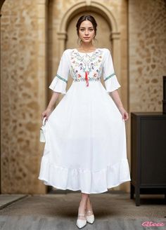 Qteee - Bohemian Vintage Loose Cotton Linen Embroidered Maxi Dress - Casual A-line Dress with Waist Cinching Embroidered Midi Dress, Embroidered Maxi Dress, Midi Dress Casual, Embroidered Clothes, Maxi Dresses Casual, Daily Dress, Vintage Bohemian, Flared Sleeves, Pleated Dress