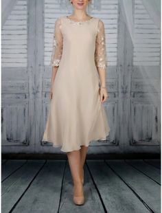 Sheath / Column Mother of the Bride Dress Wedding Guest Party Elegant Scoop Neck Tea Length Chiffon Lace Half Sleeve with Ruffles Solid Color Bias Cut Dress, Mother Wedding Dress, Dress Wedding Guest, Evening Dresses Cocktail, Mother Of The Bride Dress, Elegant Party, Wedding Bridesmaid Dresses, Tea Length, Chiffon Lace