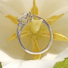 two wedding rings sitting on top of a white flower