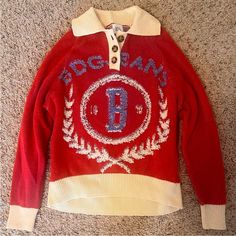 -Urban Outfitters Bdg -Red Sweater, Beige And Collared -Has Knitted "B" On It -Size Xs -Warm And Heavy, Soft -Unworn Charcoal Cardigan, Urban Sweater, Urban Outfitters Sweater, Oversized Striped Sweater, Collared Sweater, Cropped Crewneck, Oversized Knitted Sweaters, Knit Wrap, Red Sweater