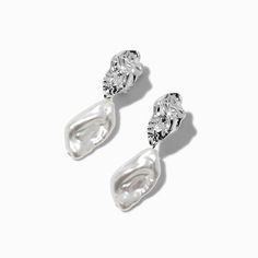 Claire's Silver-tone Pearl Smash Clip-On Drop Earrings Trendy Silver Pearl Drop Earrings, Crown Hair Clip, Sensitive Ears Earrings, Piercing Kit, Flower Crown Hairstyle, Word Bracelet, Jewelry Words, Fashionable Jewelry, Toe Rings