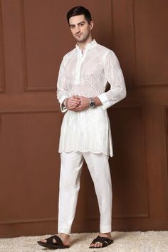 White short kurta with thread embroidered geometric patterns, sequin work and scalloped border. Comes with a pant. - Aza Fashions Embroidered Shorts, Kurta With Pants, Fashion App, Mandarin Collar, Aza Fashion, Mens Pants, White Shorts, Geometric Pattern, Collar