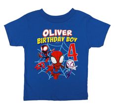 Spidey Birthday Boy Shirt, Custom Spidey and His Amazing Friends Shirt, Spidey Birthday T-shirt, Spidey Shirt, Custom Toddler Birthday Shirt Crafted for comfort and style, our Spidey Birthday Shirt is made with high-quality materials to ensure a soft and cozy fit for the birthday star. The detailed design and personalized touch make it a unique and memorable addition to the celebration, turning an ordinary birthday into a Spidey extravaganza! Our T-Shirts belong to well-known brands which is hig Blue Short Sleeve T-shirt For Birthday Gift, Blue Short Sleeve Tops For Birthday Gift, Blue Character Print Top For Birthday, Blue Tops With Character Print For Birthday, Themed Red Tops For Birthday, Blue Pre-shrunk Shirt For Birthday, Crew Neck Shirt With Character Print For Birthday, Red Character Print Top For Birthday, Blue Shirt With Character Print For Birthday