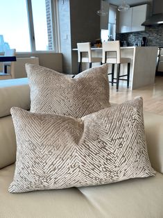 two pillows sitting on top of a couch in a living room