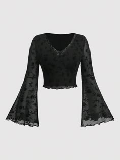 Plus Size Flare Sleeve T-shirt Black Casual  Long Sleeve Knitted Fabric Floral  Medium Stretch  Women Plus Clothing, size features are:Bust: ,Length: ,Sleeve Length: Lacy Long Sleeve Shirt, Cute Clothes On Shein, Flared Long Sleeve Top, Black Lace Clothes, Flare Shirt Outfit, Goth Thrift, Gothic Clothes Women, Black Long Sleeve Outfit, Gothic Fashion Casual