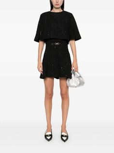 Maje Layered Tweed Mini Dress | Black | FARFETCH Luxury Tweed Dress For Party, Chic Tweed Dress With Sequins For Parties, Embellished Tweed Dress For Party, Chic Party Tweed Dress With Sequins, Embellished Tweed Evening Dress, Black Tweed Evening Dress, Embellished Mini Dress For Work, Chic Tweed Dress For Night Out, Chic Evening Tweed Mini Dress