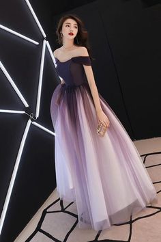 Elegant Floor-length Purple Dresses, Purple Elegant Dresses, Formal Dress Off Shoulder, Dark Purple Ombre Prom Dress, White And Purple Dress, Purple Ombre Dress Gowns, Prom Dresses Lace Sleeves, Purple Tulle Floor-length Gown, Purple Tulle Floor-length Evening Dress