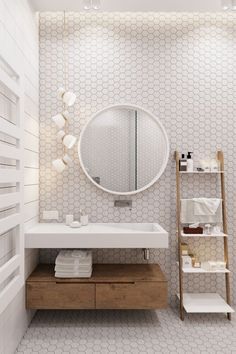 a bathroom with a sink, mirror and shelf on the wall next to shelving unit