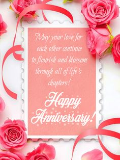 happy anniversary card with pink roses and ribbon