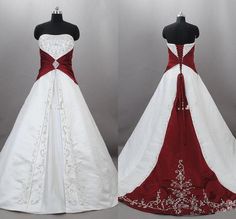 two white and red wedding dresses on mannequins