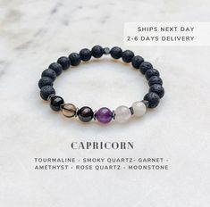 From December 22 to January 19, the Sun is in Capricorn ♑️ This Capricorn zodiac bracelet is designed with natural gemstones specifically for Capricorn astrology sign. It compliments and enhances Capricorn peace, harmony and well being. It is made of the following crystals: Black Tourmaline, Smoky Quartz, Garnet, Amethyst, Rose Quartz and Moonstone. (Check photos to see how the gemstones work with Capricorn energy.) ● You can select Black Lava or Wood Jasper as the complementary gemstones.  The Capricorn Crystals, Capricorn Energy, Crystals Zodiac, Capricorn Astrology, Capricorn Birthday, Crystals Black, Astrology Jewelry, Capricorn Zodiac, Zodiac Bracelet