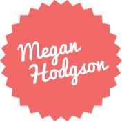 the logo for megan hodgson is shown in white and pink colors