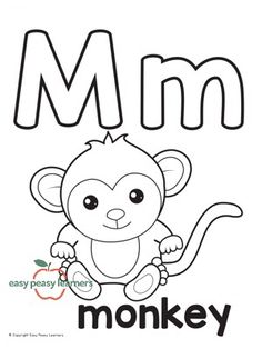 the letter m is for monkey coloring page with an image of a monkey on it