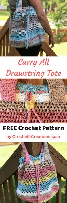 a crocheted bag with the words carry all drawstring tote on it