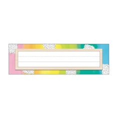 Organize cubbies, lockers, classroom supplies, student desks, and more with boho dcor using the Carson Dellosa Creatively Inspired Nameplate Set. The student desk name tag set features 36 nameplates to accommodate an entire classroom and more, each measuring about 9  x 2.8. Use each nameplate on student's desk, as a cubby or desk organizer, chalkboard labels, locker dcor, name tags, classroom storage, and classroom organization. You can also use the boho rainbow name tags for classroom labels or Name Tag For Students Desk, Boho Rainbow Name Tags, Name Tags For Classroom, Rainbow Name Tags, Animal Print Classroom, Desk Name Tags, Boho Classroom, Rainbow Names, Business Card Organizer