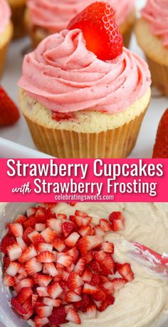 strawberry cupcakes with strawberry frosting and strawberries in the middle, on a plate