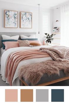 a bedroom with white walls and neutrals in the color scheme, including pink, gray,