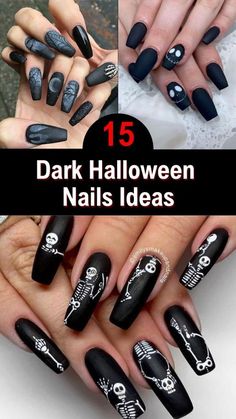 Cop Nails Designs, Black And Gray Halloween Nails, Black Scary Nails, Easy Line Nail Designs, Grim Reaper Nail Art, Halloween Long Nails Design, Halloween Skull Nails Design, Black Nails With Halloween Design, Halloween Gothic Nails