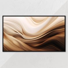 an abstract art piece hanging on the wall in a room with white walls and flooring