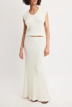 Knitted A-line Maxi Skirt Line Design, Stretchy Material, Maxi Skirt, Off White