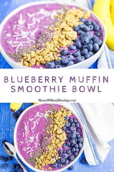 blueberry muffin smoothie bowl with bananas and granola in the middle on a blue table