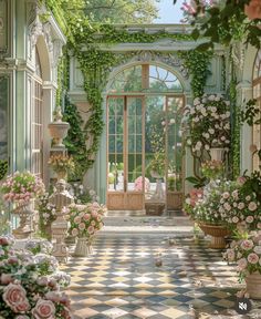 a room filled with lots of flowers and greenery next to an open door that leads into a garden