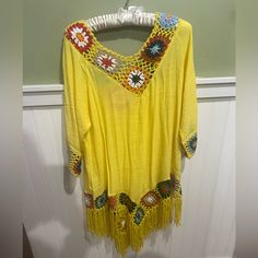 Yellow Hippie Beach Cover Up. Funky And Cool And Colorful. New Multicolor Beach Cover-up Tops For Vacation, Vibrant Tops For Beach Season Vacation, Yellow Beachwear Cover-up For Vacation, Yellow Beachwear Cover-up For Summer, Yellow Summer Beach Cover-up, Yellow Beachwear Tops For Vacation, Yellow Beachy Top For Vacation, Fun Yellow Summer Top, Yellow V-neck Top For Beach Season