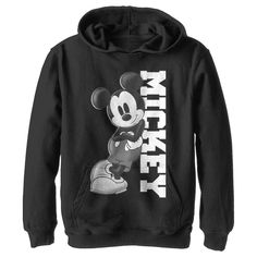 Who knew that dressing "mousey" could be so cute!? Celebrate Walt Disney's most iconic character with these officially licensed Mickey Mouse and Friends styles! This cool Boys' Hoodie features a large graphic of Mickey Mouse in black and white leaning on his name, perfect for your next trip to Disneyland! Size: xl. Gender: male. Age Group: kids. Pattern: Mice. Material: Cotton. Mickey Hoodie, Trip To Disneyland, Pull Over Hoodie, Mickey Mouse And Friends, Disney Kids, Vintage Mickey, Boys Hoodies, Mickey And Friends, Direct To Garment Printer