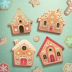 three gingerbread houses are shown on a green background