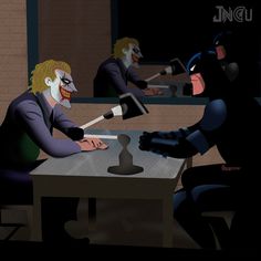 the animated batman characters are sitting at a table with their hands on each other's hips