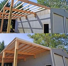 two pictures of the same building and one has a shed attached to it