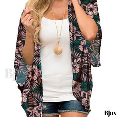 Bjux - Womens Floral Print Semi-Sheer V Neck Rash Guard Beachwear Cardigan - Long Sleeve Chiffon Blouse - Ideal Swimwear & Clothing Summer Beach Blouse With Open Front, Summer Floral Print Casual Cardigan, Casual Floral Print Summer Cardigan, Casual Summer Floral Print Cardigan, Summer Casual Printed Cardigan, Casual Printed Summer Cardigan, Summer Open Front Printed Cardigan, Beach Printed Open Front Cardigan, Summer Floral Print V-neck Cardigan