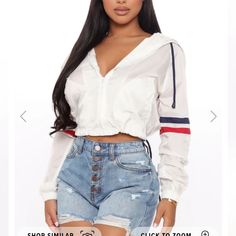 White Cute Windbreaker With Strips Trendy White Windbreaker For Spring, Trendy White Long Sleeve Windbreaker, Cute Windbreaker, Fashion Nova Jackets, White Windbreaker, Coats Fashion, Break Bad Habits, Busty Fashion, Jacket Hoodie