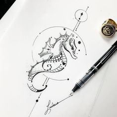 a pen and ink drawing of a sea horse on paper with space in the background