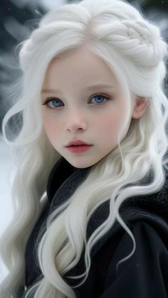 a white haired girl with long hair and blue eyes wearing a black coat in the snow